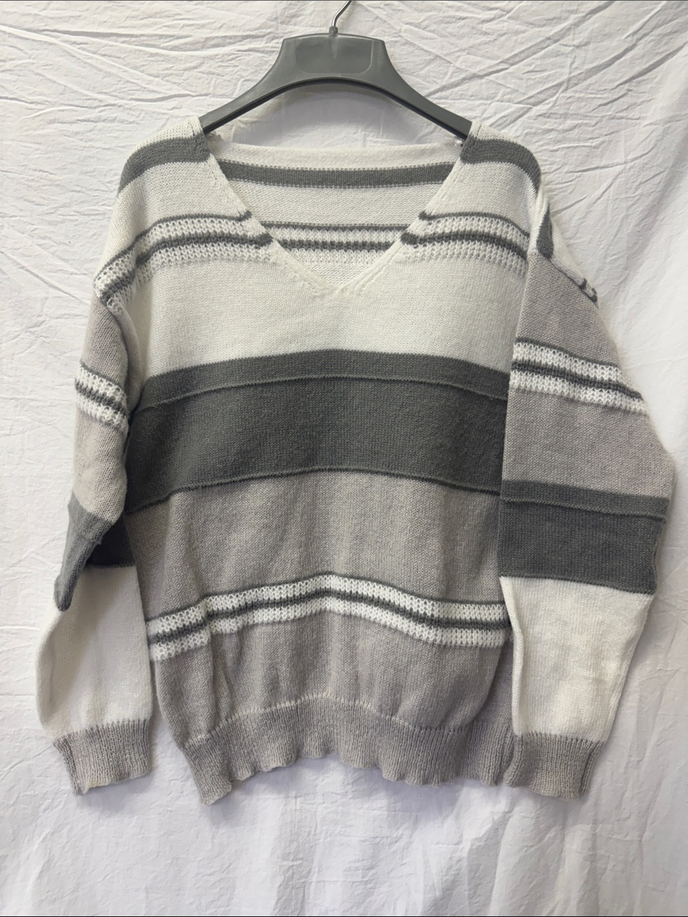 Grey & White Striped V-Neck Sweater